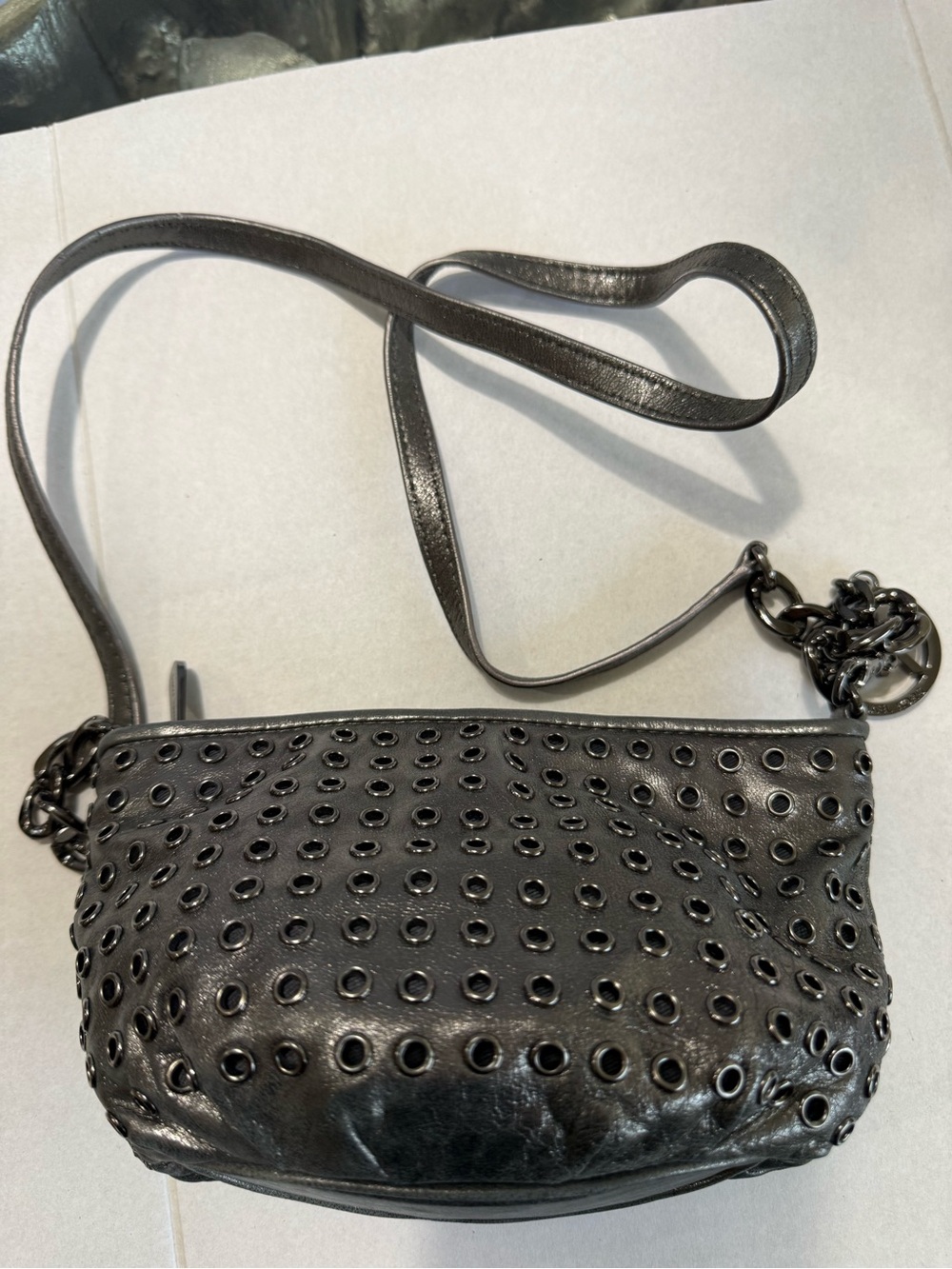 Michael Kors Small Black Leather Gunmetal Grommet-Embellished Crossbody Bag - Picture 9 of 11